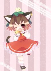Rule 34 | 1girl, animal ears, bad id, bad pixiv id, cat ears, cat girl, cat tail, chen, earrings, fang, female focus, full body, haru (citron citron), hat, highres, jewelry, one eye closed, open mouth, skirt, solo, tail, touhou, wink