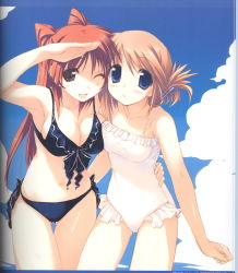 Rule 34 | 00s, 2girls, ;d, amazuyu tatsuki, arm around waist, armpits, asymmetrical docking, beach, bikini, black bikini, blue eyes, blush, breast press, breasts, brown eyes, brown hair, casual one-piece swimsuit, cleavage, cloud, collarbone, cowboy shot, day, folded ponytail, frilled bikini, frilled swimsuit, frills, front-tie bikini top, front-tie top, hair ornament, hair over shoulder, hairclip, hand on another&#039;s hip, hand up, happy, highres, hug, komaki manaka, kousaka tamaki, large breasts, legs together, long hair, looking at viewer, medium breasts, multiple girls, navel, official art, one-piece swimsuit, one eye closed, open mouth, orange hair, outdoors, parted bangs, parted lips, red hair, scan, shading eyes, side-tie bikini bottom, sideboob, sky, smile, standing, straight hair, swimsuit, taut clothes, thigh gap, to heart (series), to heart 2, twintails, two side up, very long hair, white one-piece swimsuit, yellow eyes