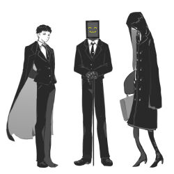 Rule 34 | arms behind back, bada (project moon), black coat, black eyes, black footwear, black hair, black necktie, black pants, boots, cane, coat, coat on shoulders, collared shirt, formal, full body, highres, holding, holding cane, jjim, library of ruina, long hair, martina (project moon), necktie, nemo (project moon), object head, pants, project moon, screen, shirt, simple background, suit, tie clip, very long hair, white background, white shirt