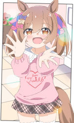 Rule 34 | 1girl, :d, absurdres, animal ears, blush, bow, brown eyes, brown hair, collared shirt, commentary request, hair between eyes, hair bow, hands up, highres, horse ears, horse girl, horse tail, kapuru 0410, long hair, long sleeves, looking at viewer, open mouth, pink bow, pink shirt, pink skirt, plaid, plaid skirt, pleated skirt, puffy long sleeves, puffy sleeves, purple bow, shirt, skirt, smart falcon (umamusume), smile, solo, tail, thighhighs, twintails, umamusume, white thighhighs
