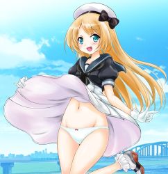 Rule 34 | 1girl, :d, beret, black bow, black footwear, blonde hair, blue eyes, blue sailor collar, blue sky, blush, bobby socks, bow, bridge, cityscape, clothes lift, cloud, cropped jacket, day, dress, dress lift, gloves, hat, hat bow, jervis (kancolle), kantai collection, leg up, lifted by self, long hair, looking at viewer, md5 mismatch, navel, open mouth, outdoors, panties, parted bangs, puffy short sleeves, puffy sleeves, resolution mismatch, river, sailor collar, shoes, short sleeves, sky, smile, socks, solo, source smaller, standing, standing on one leg, stomach, tachibana hiroki, underwear, white gloves, white hat, white panties, white socks