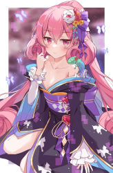 Rule 34 | 1girl, bare shoulders, blush, breasts, elf, highres, japanese clothes, kimono, neneka (princess connect!), pink hair, pointy ears, princess connect!, serika, small breasts