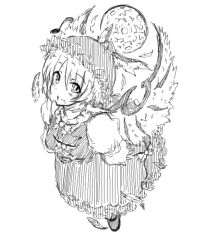 Rule 34 | 1girl, animal ears, bird ears, bird wings, blush, dress, eighth note, feathers, full moon, greyscale, hair between eyes, hat, long sleeves, looking at viewer, monochrome, monyomoke, moon, musical note, mystia lorelei, open mouth, shoes, short hair, simple background, sketch, smile, solo, touhou, white background, winged hat, wings