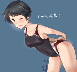 Rule 34 | 1girl, absurdres, black hair, black one-piece swimsuit, blue background, competition swimsuit, covered navel, cowboy shot, dated, green eyes, highres, kantai collection, looking at viewer, minase (takaoka nanase), mogami (kancolle), one-piece swimsuit, one eye closed, open mouth, short hair, simple background, smile, solo, swept bangs, swimsuit, translated, twitter username