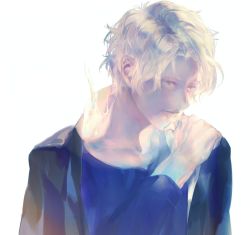 Rule 34 | 1boy, black jacket, blonde hair, blue shirt, closed mouth, fire, hand on own shoulder, jacket, long sleeves, looking to the side, male focus, mallen (ml ouo), one piece, open clothes, open jacket, sabo (one piece), scar, shirt, short hair, simple background, solo, upper body, white background