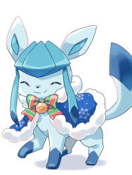 Rule 34 | all fours, animal focus, bow, capelet, closed mouth, creatures (company), closed eyes, fur trim, game freak, gen 4 pokemon, glaceon, hood, hooded capelet, kana (maple926), nintendo, no humans, pokemon, pokemon (creature), shadow, simple background, smile, snowflake print, split mouth, striped, striped bow, toes, white background