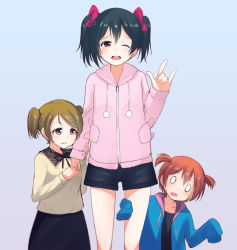 Rule 34 | 10s, 3girls, alternate hairstyle, black eyes, black hair, black ribbon, black shorts, blue background, bow, brown hair, casual, child, eyebrows, hair between eyes, hair bow, hands in opposite sleeves, highres, holding hands, hood, hoodie, hoshizora rin, koizumi hanayo, long hair, love live!, love live! school idol project, m/, multiple girls, nanotsuki, one eye closed, open mouth, pom pom (clothes), red bow, red eyes, ribbon, short twintails, shorts, simple background, sleeves past wrists, time paradox, twintails, yazawa nico, aged down, zipper