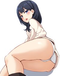 Rule 34 | 10s, 1girl, ass, black hair, black socks, blush, cardigan, chestnut mouth, commentary request, gridman universe, highres, kapatarou, kneehighs, long hair, looking at viewer, open mouth, panties, purple eyes, shadow, simple background, socks, solo, ssss.gridman, takarada rikka, thighs, underwear, white background, white cardigan, white panties