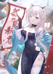 Rule 34 | &gt; &lt;, 1girl, absurdres, animal ears, architecture, azur lane, belfast (azur lane), belfast (iridescent rosa) (azur lane), blue panties, braid, breasts, broken, broken chain, cat ears, chain, china dress, chinese clothes, cleavage, dress, earrings, east asian architecture, fake animal ears, french braid, gloves, heart, heart earrings, highlander z, highres, jewelry, large breasts, looking at viewer, manjuu (azur lane), official alternate costume, one eye closed, outdoors, panties, partially fingerless gloves, pelvic curtain, purple eyes, scroll, side-tie panties, solo, standing, string panties, thighhighs, underwear, white thighhighs