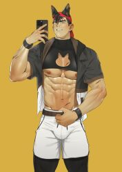 Rule 34 | 1boy, abs, animal ears, armband, backwards hat, bara, bare pectorals, baseball cap, belt, black eyes, black hair, black leggings, cellphone, clothing cutout, commission, crop top, dog boy, dog ears, earrings, eyebrow cut, finger under clothes, flexing, hat, holding, holding phone, jacket, jewelry, large pectorals, leggings, male focus, multicolored clothes, multicolored jacket, muscular, muscular male, naoki (xhju8282), nipples, one eye closed, open clothes, open jacket, open mouth, original, pectorals, phone, scar, scar on arm, scar on chest, short hair, shorts, smartphone, solo, stud earrings, taking picture, two-tone jacket, white shorts, yellow background