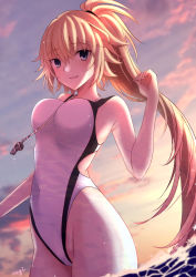 Rule 34 | 1girl, aonegi, artist name, blonde hair, blue eyes, blurry, cloud, competition swimsuit, cowboy shot, depth of field, fate/grand order, fate (series), gradient sky, highleg, highleg swimsuit, jeanne d&#039;arc (fate), jeanne d&#039;arc (ruler) (fate), jeanne d&#039;arc (swimsuit archer) (fate), jeanne d&#039;arc (swimsuit archer) (second ascension) (fate), long hair, looking at viewer, one-piece swimsuit, ponytail, purple sky, sky, solo, sunset, swimsuit, water, waves, whistle, whistle around neck, white one-piece swimsuit