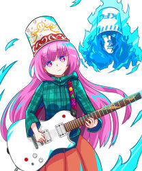 Rule 34 | 1boy, 1girl, adapted costume, blue hoodie, bubble skirt, bucket, bucket of chicken, bucket on head, buckethead, closed mouth, cowboy shot, electric guitar, expressionless, eyelashes, gibson les paul, guitar, hata no kokoro, highres, holding, holding instrument, hood, hoodie, instrument, kfc, long hair, long sleeves, looking at viewer, music, object on head, okema, orange skirt, pink eyes, pink hair, plaid, plaid hoodie, playing instrument, real life, skirt, touhou, very long hair, zipper pull tab