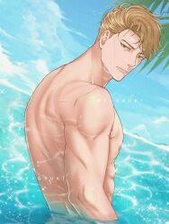 Rule 34 | 1boy, absurdres, blonde hair, blue sky, brown eyes, cloud, cloudy sky, highres, jujutsu kaisen, lips, looking at viewer, male focus, mayo (myaoruki), muscular, muscular male, nanami kento, outdoors, palm leaf, short hair, sky, solo, standing, topless male, upper body, wading, water
