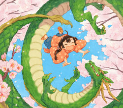 Rule 34 | 1girl, ahoge, blue sky, branch, brown hair, cherry blossoms, child, chinese clothes, claws, closed eyes, day, dragon, eastern dragon, falling, falling petals, fantasy, long hair, midair, monaka (siromona), open mouth, original, outdoors, petals, scales, side ponytail, sky