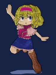 Rule 34 | 1girl, alice margatroid, arm up, blonde hair, blue background, blue dress, blue eyes, blush, boots, brown footwear, capelet, commentary, cookie (touhou), cross-laced footwear, dress, frilled capelet, frilled dress, frilled hairband, frilled necktie, frills, full body, hairband, ichigo (cookie), kanakamei1, looking at viewer, medium bangs, medium hair, necktie, open mouth, pink capelet, pink hairband, purple necktie, simple background, smile, solo, touhou, v-shaped eyebrows