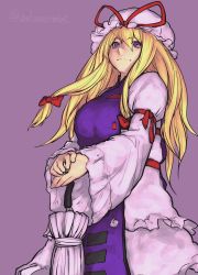 Rule 34 | 1girl, arm ribbon, blonde hair, bow, breasts, closed umbrella, commentary request, dress, envenomist (gengoroumaru), expressionless, eyes visible through hair, frilled sleeves, frills, hair between eyes, hair bow, hat, hat ribbon, highres, large breasts, long hair, long sleeves, looking to the side, looking up, mob cap, nose, puffy long sleeves, puffy sleeves, purple background, purple eyes, ribbon, sidelocks, simple background, solo, standing, tabard, touhou, umbrella, white dress, wide sleeves, yakumo yukari