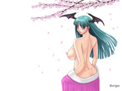 Rule 34 | 1girl, ark (morita hitomi), back, backboob, breasts, butt crack, capcom, censored, character name, cherry blossoms, convenient censoring, demon girl, dimples of venus, green eyes, green hair, head wings, japanese clothes, kimono, large breasts, lips, long hair, looking back, matching hair/eyes, morrigan aensland, petal censor, petals, solo, topless, undressing, vampire (game), wind, wings