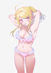 Rule 34 | 1girl, ahoge, akamatsu kaede, armpits, arms behind back, arms up, bare arms, bare shoulders, blonde hair, bra, breasts, check commentary, commentary request, danganronpa (series), danganronpa v3: killing harmony, feet out of frame, frilled bra, frilled panties, frills, grey background, hair up, large breasts, panties, ponytail, purple eyes, sidelocks, simple background, solo, tying bra, underwear, underwear only, white bra, white panties, zang li