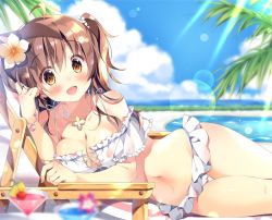 Rule 34 | 1girl, :d, ahoge, bare shoulders, bikini, blue sky, blurry, blurry background, blurry foreground, blush, bracelet, breasts, brown eyes, brown hair, cameltoe, chair, cleavage, cloud, cloudy sky, collarbone, commentary request, day, depth of field, drink, flower, frilled bikini, frills, gluteal fold, hair between eyes, hair flower, hair ornament, jewelry, large breasts, long hair, lounge chair, lying, navel, on side, open mouth, original, outdoors, pan (mimi), sidelocks, sky, smile, solo, swimsuit, thigh gap, tropical drink, two side up, white bikini, white flower