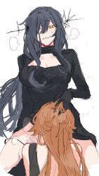 Rule 34 | 2girls, arcana (reverse:1999), black dress, black gloves, black hair, black panties, blush, breasts, cleavage cutout, clothing cutout, commentary, cunnilingus, dress, druvis iii, dulinfang0503, elbow gloves, english commentary, gloves, hair over one eye, hand on another&#039;s head, heavy breathing, highres, implied cunnilingus, large breasts, long hair, multiple girls, oral, orange hair, panties, panty pull, parted lips, pussy juice, reverse:1999, simple background, smile, sweatdrop, underwear, white background, yellow eyes, yuri