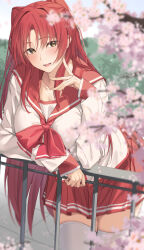 Rule 34 | 1girl, against railing, arm support, blurry, blurry foreground, blush, breasts, cherry blossoms, cowboy shot, depth of field, highres, kousaka tamaki, large breasts, leaning forward, long hair, looking at viewer, miniskirt, open mouth, pallad, pleated skirt, railing, red hair, red sailor collar, red skirt, sailor collar, sailor shirt, school uniform, serafuku, shirt, sideways glance, skirt, smile, solo, thighhighs, to heart (series), to heart 2, two side up, very long hair, white shirt, white thighhighs, zettai ryouiki