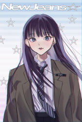 Rule 34 | 1girl, ? (noproblemiamni), animification, black hair, black pants, blazer, blue eyes, brown jacket, chromatic aberration, collared shirt, copyright name, floating hair, grey necktie, haerin (newjeans), highres, jacket, k-pop, long hair, looking at viewer, necktie, newjeans, pants, parted lips, real life, shirt, shirt tucked in, solo, star (symbol), striped necktie, upper body, white shirt