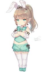 Rule 34 | 10s, 1girl, animal ears, bow, bowtie, brown hair, crossed arms, earrings, fake animal ears, final fantasy, final fantasy xiv, green eyes, highres, jewelry, lalafell, long hair, midriff, momoko (momopoco), pointy ears, ponytail, rabbit ears, shoes, short shorts, shorts, solo, thighhighs, vest, warrior of light (ff14), white thighhighs