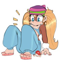Rule 34 | 1boy, 1girl, ape, beanie, blue eyes, breasts, bulging eyes, cleavage, curvy, davenextdoor (justdavefnd), diddy kong, donkey kong (series), earrings, giant, giantess, girl on top, hat, highres, hoop earrings, jewelry, large breasts, long hair, monkey, monkey girl, nail polish, nintendo, pants, sandals, sitting, sitting on person, size difference, sweatpants, tank top, tiny kong, twintails, underboob, very long hair