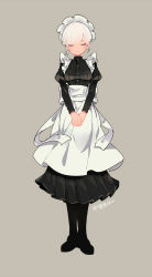 Rule 34 | 1girl, apron, black dress, black footwear, black thighhighs, closed eyes, dress, full body, grey background, highres, long dress, long sleeves, maid, maid headdress, mole, mole under eye, original, own hands together, pleated dress, puffy long sleeves, puffy sleeves, shi jun ti, simple background, smile, solo, standing, thighhighs, twitter username, v arms, victorian maid, waist apron, white apron, white hair