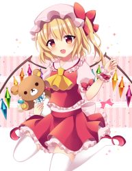 Rule 34 | 1girl, ascot, baby bottle, bad id, bad pixiv id, blonde hair, blush, bottle, fang, flandre scarlet, frilled skirt, frills, hat, looking at viewer, mayo (miyusa), md5 mismatch, mob cap, open mouth, puffy short sleeves, puffy sleeves, red eyes, red footwear, red skirt, resolution mismatch, shoes, short sleeves, sitting, skirt, skirt set, smile, solo, stuffed animal, stuffed toy, teddy bear, thighhighs, touhou, vest, wariza, white thighhighs, wings, wrist cuffs