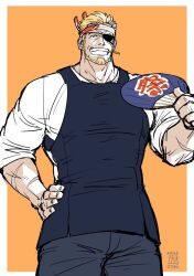 Rule 34 | 1boy, apron, artist name, beard, blonde hair, eyepatch, facial hair, feet out of frame, gyee, hand fan, hand on own hip, headband, kokorozashi, looking at viewer, male focus, manly, markus (gyee), mature male, muscular, muscular male, orange background, pants, scar, shirt, short hair, signature, simple background, smirk, solo, spiked hair, teeth, tight clothes, toothpick, yellow eyes