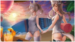 Rule 34 | 2girls, animal ears, ass, beach, cloud, dog ears, dog tail, drinking straw, dusk, elin, green eyes, hairband, holding hands, highres, holding, long hair, looking back, mavoly, multiple girls, ocean, one-piece swimsuit, outdoors, ponytail, school swimsuit, silver hair, sky, smile, surfboard, swimsuit, tail, tera online, thighhighs, towel, twintails, white legwear, white school swimsuit, white one-piece swimsuit