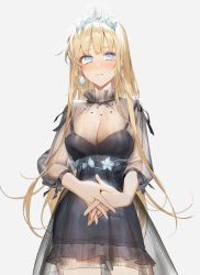 Rule 34 | 1girl, absurdres, black dress, blonde hair, blue eyes, blush, breasts, cleavage, closed mouth, commentary, cowboy shot, dress, earrings, frown, grey background, highres, hololive, hololive english, interlocked fingers, jewelry, large breasts, long hair, long sleeves, looking at viewer, own hands together, see-through, see-through dress, simple background, solo, sweat, tefco, tiara, virtual youtuber, watson amelia, watson amelia (3rd costume)