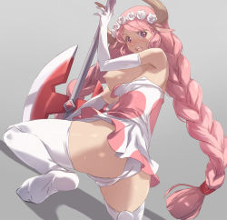 Rule 34 | 1girl, akira (coffee curry), animal ears, ass, axe, braid, breasts, breasts out, cameltoe, dress, dungeon maker, elbow gloves, emma (dungeon maker), gloves, hair ornament, highres, holding, holding weapon, horns, kneeling, long hair, looking at viewer, looking back, nipples, no shoes, open mouth, pink eyes, pink hair, puffy nipples, simple background, solo, thighhighs, twin braids, very long hair, weapon, white gloves, white thighhighs
