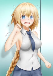 Rule 34 | 1girl, @ @, absurdres, aka tomato, blonde hair, blush, braid, breasts, clenched hand, fate/apocrypha, fate (series), flying sweatdrops, hair between eyes, highres, jeanne d&#039;arc (fate), jeanne d&#039;arc (girl from orleans) (fate), jeanne d&#039;arc (ruler) (fate), large breasts, long braid, necktie, sideboob, single braid, solo, uniform, wavy mouth