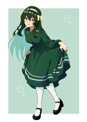 Rule 34 | 1girl, :d, alternate costume, black footwear, border, bow, chokotabetai00, commentary, commission, dress, green background, green dress, green eyes, green hair, hair between eyes, hair bow, hairband, highres, lifted by self, long hair, long sleeves, looking at viewer, mary janes, open mouth, satono&#039;s trainer, shoes, simple background, skirt hold, smile, solo, trainer (umamusume), umamusume, white border, white hairband, yellow bow