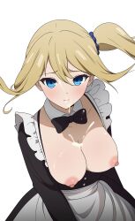 Rule 34 | 1girl, absurdres, alternate breast size, apron, black bow, black bowtie, black dress, blonde hair, blue eyes, blue scrunchie, bow, bowtie, breasts, breasts out, closed mouth, coro fae, cum, cum on body, cum on breasts, cum on upper body, detached collar, dress, facial, floating hair, furrowed brow, hair between eyes, hair ornament, hair scrunchie, hayasaka ai, highres, kaguya-sama wa kokurasetai ~tensai-tachi no renai zunousen~, large breasts, light blush, long sleeves, looking at viewer, maid, nipples, scrunchie, side ponytail, simple background, skindentation, solo, split mouth, traditional bowtie, upper body, waist apron, white apron, white background