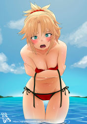 Rule 34 | 1girl, bikini, blonde hair, blush, braid, breasts, day, fate/grand order, fate (series), french braid, green eyes, hair ornament, hair scrunchie, highres, long hair, looking at viewer, medium breasts, mordred (fate), mordred (fate) (all), mordred (fate/apocrypha), mordred (swimsuit rider) (fate), navel, ocean, open mouth, outdoors, parted bangs, ponytail, red bikini, red scrunchie, scrunchie, side-tie bikini bottom, solo, swimsuit, thanabis, untied bikini, wading, wet