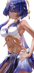 Rule 34 | 1girl, bare arms, bare shoulders, blue hair, blue skirt, bob cut, breasts, brooch, candace (genshin impact), commentary, cowboy shot, crop top, dark-skinned female, dark skin, genshin impact, hair between eyes, heterochromia, highres, jewelry, large breasts, midriff, navel, purple eyes, short hair with long locks, sidelocks, simple background, skirt, sleeveless, solo, standing, stomach, uenoryoma, white background, yellow eyes