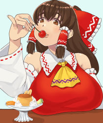 Rule 34 | 1girl, ascot, blush, bow, breasts, brown eyes, brown hair, cherry, collared shirt, commentary request, cookie (touhou), detached sleeves, food, frilled bow, frilled hair tubes, frilled shirt collar, frills, fruit, hair bow, hair tubes, hakurei reimu, kanna (cookie), large breasts, long hair, mo-fu, pinky out, pudding, red bow, red shirt, ribbon-trimmed sleeves, ribbon trim, shirt, sidelocks, sleeveless, sleeveless shirt, solo, touhou, upper body, whipped cream, white sleeves, yellow ascot
