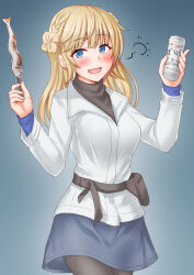 Rule 34 | 1girl, anti (untea9), beer can, black pantyhose, blonde hair, blue background, blue eyes, blue skirt, blush, braid, breasts, can, drink can, drunk, fish, fish (food), gradient background, grilled fish, hair bun, highres, jacket, kantai collection, light brown hair, long hair, looking at viewer, medium breasts, official alternate costume, open mouth, pantyhose, ranger (kancolle), saury, side braids, single side bun, skirt, smile, solo, squeans, white jacket