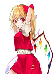 Rule 34 | 1girl, arms behind head, arms up, artist name, blonde hair, blush, bow, buttons, cowboy shot, flandre scarlet, hair bow, hand in own hair, looking at viewer, looking to the side, medium hair, miniskirt, nail polish, one side up, pointy ears, puffy short sleeves, puffy sleeves, red bow, red eyes, red nails, red skirt, red vest, sakizaki saki-p, shirt, short sleeves, sidelocks, simple background, sketch, skirt, skirt set, smile, solo, touhou, twitter username, undershirt, vest, white background, white shirt, wings