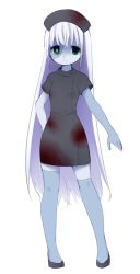 Rule 34 | 1girl, black dress, black footwear, blood, blood stain, blood on clothes, blue skin, closed mouth, colored skin, commentary request, dress, green eyes, highres, kai himo, legs apart, light purple hair, long hair, looking at viewer, nun, original, scar, shoes, short dress, simple background, solo, standing, surgical scar, very long hair, white background, zombie