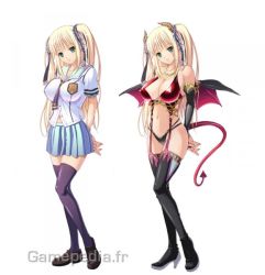 Rule 34 | 1girl, bare shoulders, blonde hair, breasts, cleavage, demon girl, female focus, full body, horns, kyonyuu majo, large breasts, school uniform, skirt, solo, demon girl, tail, tenma cecile, thighhighs, twintails, uniform, variations, white background, wings