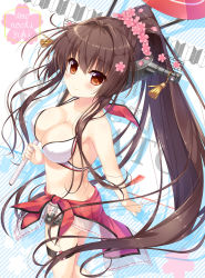 Rule 34 | 10s, 1girl, adapted costume, alternate costume, ameto yuki, anchor choker, artist name, bad id, bad pixiv id, bare shoulders, bikini, breasts, brown eyes, brown hair, character name, cherry blossoms, cleavage, commentary request, headgear, holding, holding umbrella, kantai collection, large breasts, light smile, long hair, looking at viewer, solo, swimsuit, umbrella, very long hair, yamato (kancolle)