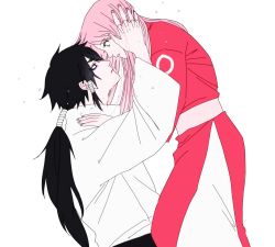 Rule 34 | 1boy, 1girl, arm up, black hair, eye contact, hand on another&#039;s head, hand on another&#039;s shoulder, haruno sakura, highres, japanese clothes, kimono, long hair, long sleeves, looking at another, low ponytail, naruto, naruto (series), ootsutsuki indra, parted lips, pink hair, pink sash, sash, simple background, white background, wide sleeves