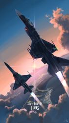 Rule 34 | absurdres, ace combat, ace combat 5, aircraft, airplane, airplane wing, anniversary, city below, cloud, dated, day, diffraction spikes, f-2, f-20, f-20 tigershark, fighter jet, flying, highres, isaf, jet, laminar flow, light, military, military vehicle, mountain, outdoors, realistic, signature, sparkle, sunlight, sunset, tagme, vehicle focus, water