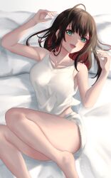 Rule 34 | 1girl, :d, ahoge, bare arms, bare legs, bare shoulders, black hair, breasts, camisole, collarbone, colored inner hair, feet out of frame, green eyes, hands up, highres, hizuki yui, large breasts, looking at viewer, lying, medium hair, mole, mole under eye, multicolored hair, neo-porte, on back, on bed, open mouth, pillow, red hair, rekku n, shirt, short shorts, shorts, sleeveless, sleeveless shirt, smile, solo, spaghetti strap, thighs, virtual youtuber, white shirt, white shorts