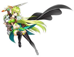 Rule 34 | 1girl, absurdres, black footwear, black thighhighs, boots, breasts, bridal gauntlets, cape, cleavage, elsword, full body, green eyes, green hair, highres, holding, holding sword, holding weapon, long hair, miniskirt, navel, night watcher (elsword), official art, pointy ears, rena erindel, ress, serious, skirt, solo, sword, thigh boots, thighhighs, transparent background, very long hair, weapon
