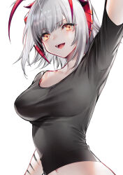 Rule 34 | 1girl, :d, antennae, arknights, arm up, black shirt, breasts, commentary request, crop top, highres, horns, large breasts, looking at viewer, material growth, midriff, navel, official alternate costume, open mouth, oripathy lesion (arknights), shirt, short hair, short sleeves, simple background, smile, solo, stomach, tarutaru yamaoka, upper body, w (arknights), w (fugue) (arknights), white background, white hair, yellow eyes